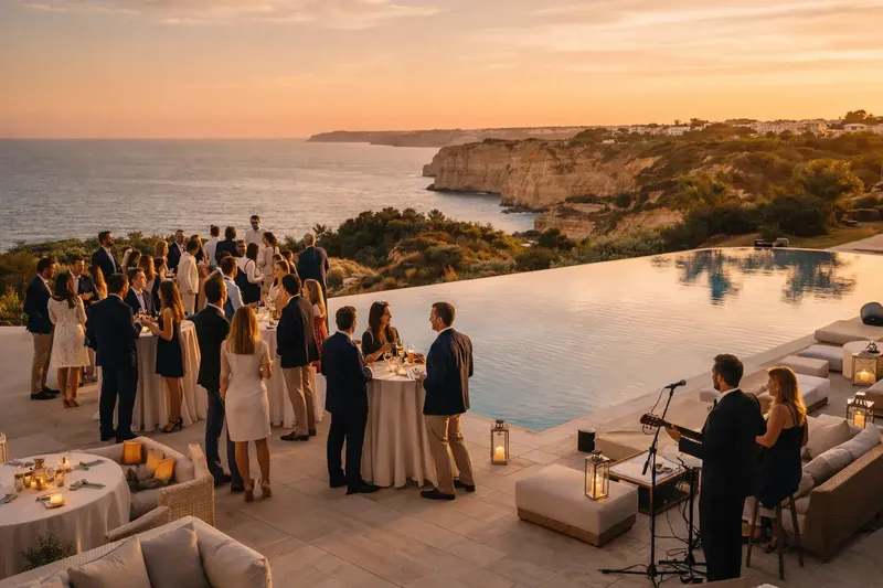 Receção de cocktail ao pôr do sol na costa do Algarve, produzida pela BTQ