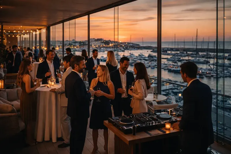 Guests at a BTQ corporate cocktail reception above the marina at sunset