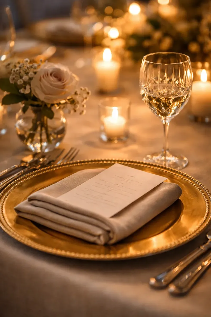 Pormenor de mesa num jantar de gala da BTQ, com a mise en place e a luz das velas