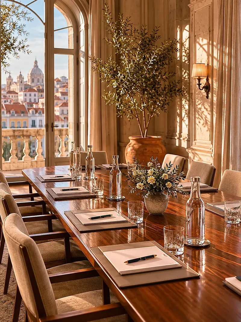 Sala de reuniões montada num espaço histórico de Lisboa com vista sobre a cidade — produção de arranques de vendas e de conferências corporativas da BTQ Events