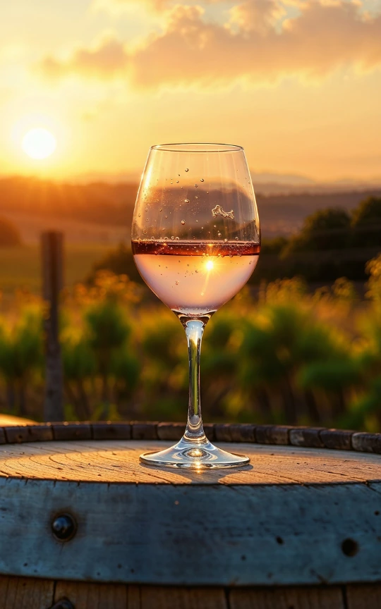 Copo de vinho rosé servido por um escanção sobre uma pipa, numa vinha de Azeitão ao pôr do sol — âncora de região vinhateira do Dia 2 de uma viagem de incentivo da BTQ Events
