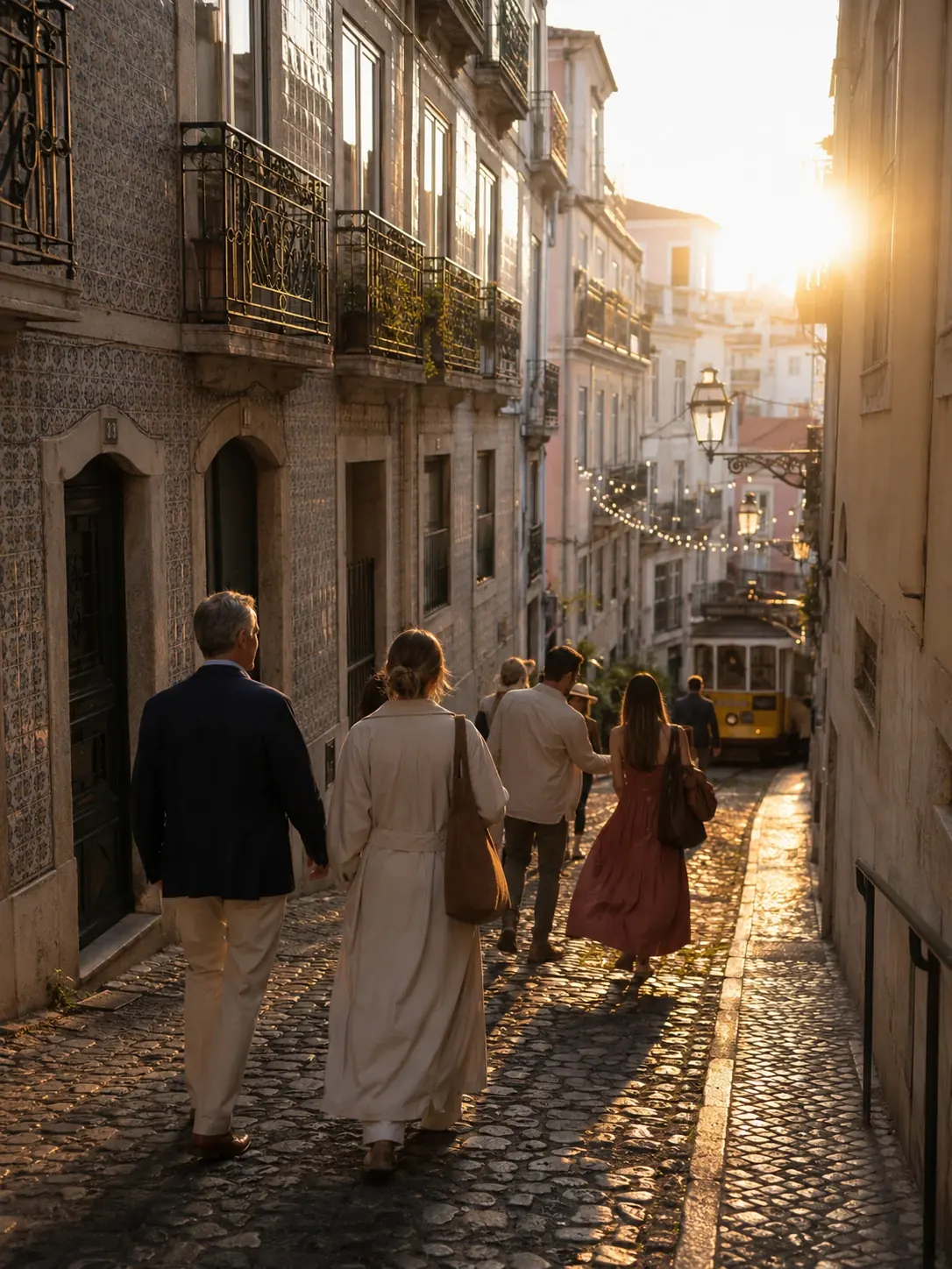 Pequeno grupo privado numa visita guiada a pé pelas ruas de calçada de Alfama ao fim da tarde, com o Elétrico 28 em frente — Dia 1 de uma viagem de incentivo da BTQ Events em Lisboa