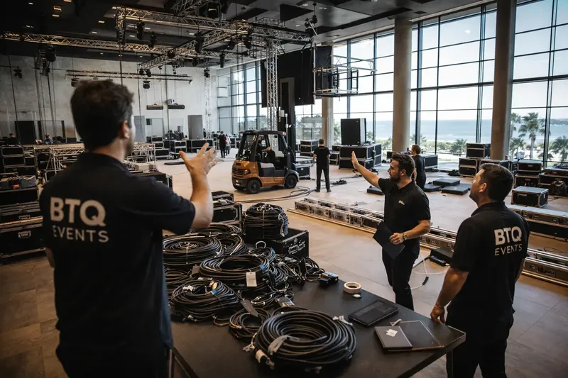 Equipa de produção da BTQ Events a passar cabos e a montar o palco durante a montagem no espaço