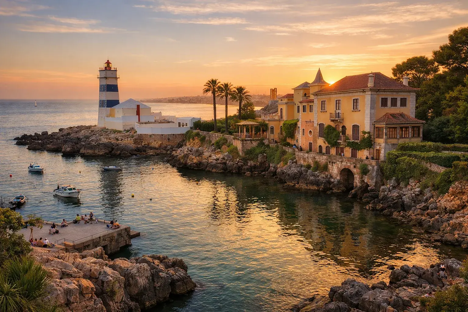 Farol de Santa Marta, na frente marítima de Cascais, ao anoitecer