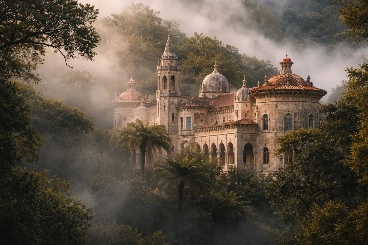 Palácio de Sintra a erguer-se sobre as colinas de floresta enevoadas