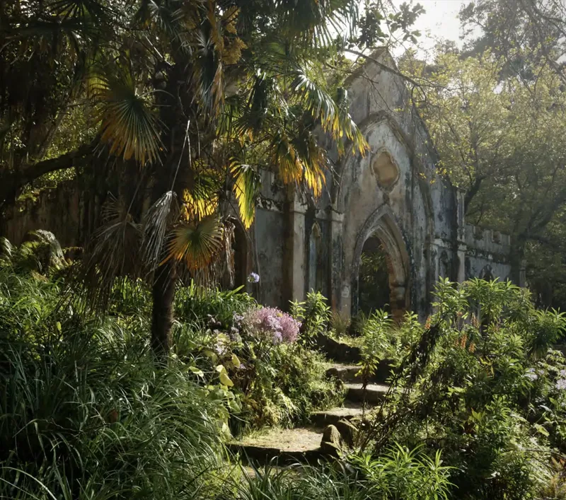 Monserrate Romantic Ruin chapel with cypresses