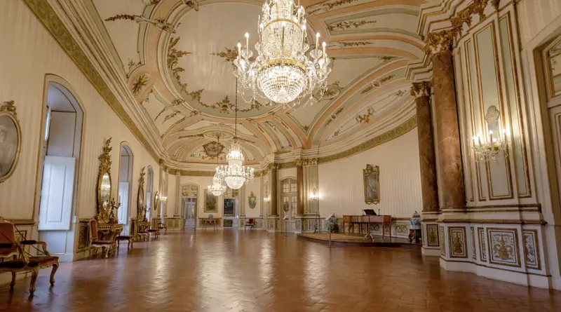 Queluz Music Room is a white salon with high windows.