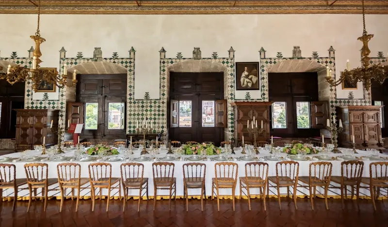 Swan Hall banquet long table with painted swan ceiling