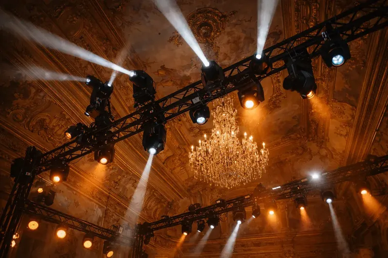 Estrutura de iluminação montada ao lado de um lustre durante uma montagem técnica da BTQ