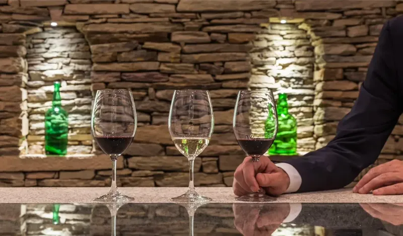The Yeatman wine cellar with stone vaulted niches, sommelier glassware on tasting stands and the most comprehensive Portuguese wine collection in the world, held under Wine Director Elisabete Fernandes